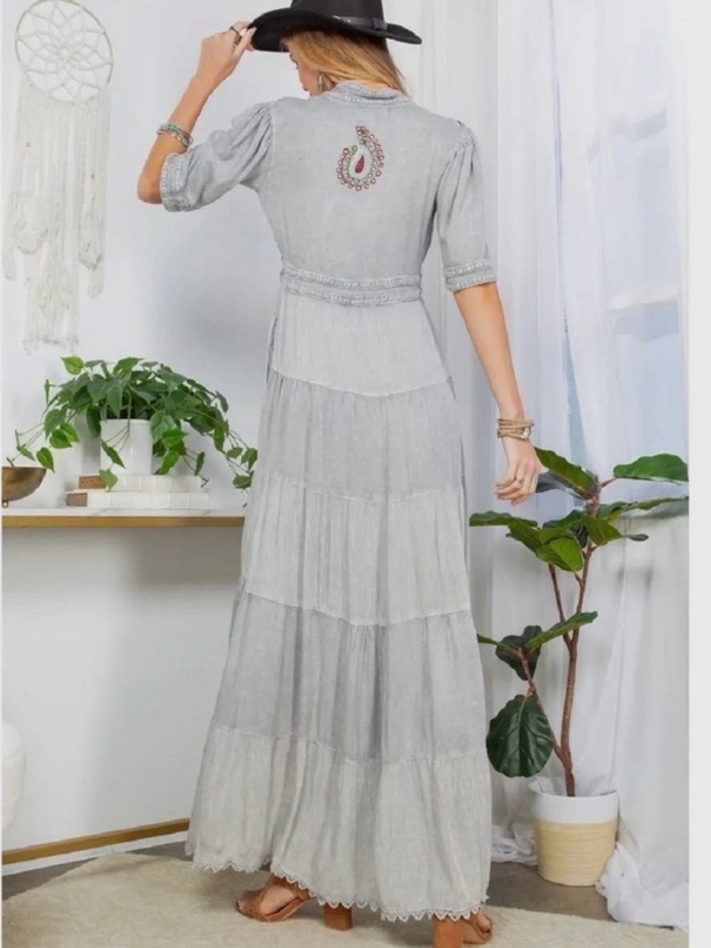 NEW!! Young Threads Boho Embroidered Gray Maxi Dress, Sz XL, NWT - Picture 5 of 5